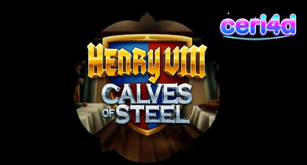 Tangkapan layar dari slot Henry 8th Calves of Steel menampilkan Raja Henry VIII yang berotot dengan latar belakang istana bergaya gym.